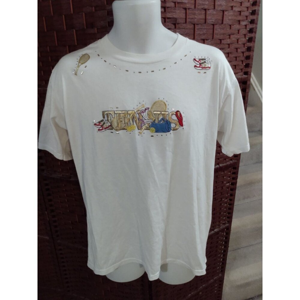 Vintage 90s Tennis Graphic T Shirt Racquet Shoes Bling Adult Large Glitter